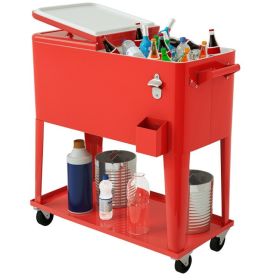 Outdoor Patio Party Rolling Steel Construction 80 Quart Bar Cooler (Color: Red)